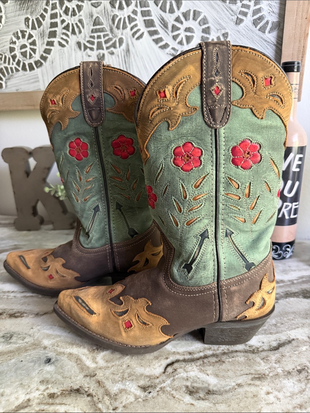 Vintage Floral Western Cowboy Boots - Green, Brown & Tan